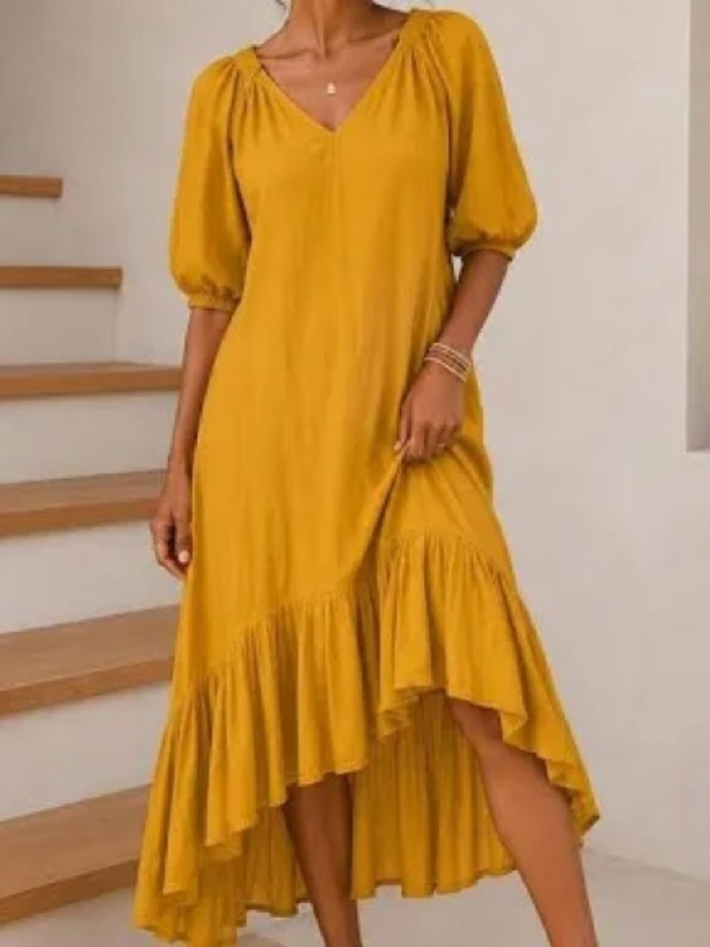 Anthropologie Maeve Mustard V-Neck Ruffle Midi Dress 6